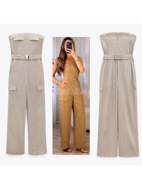 Zara tan brown strapless cargo wide leg jumpsuit Sz M